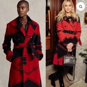 RALPH LAUREN Red Black Carlyn Double Breasted Belted Wool Coat Jacket Size 12